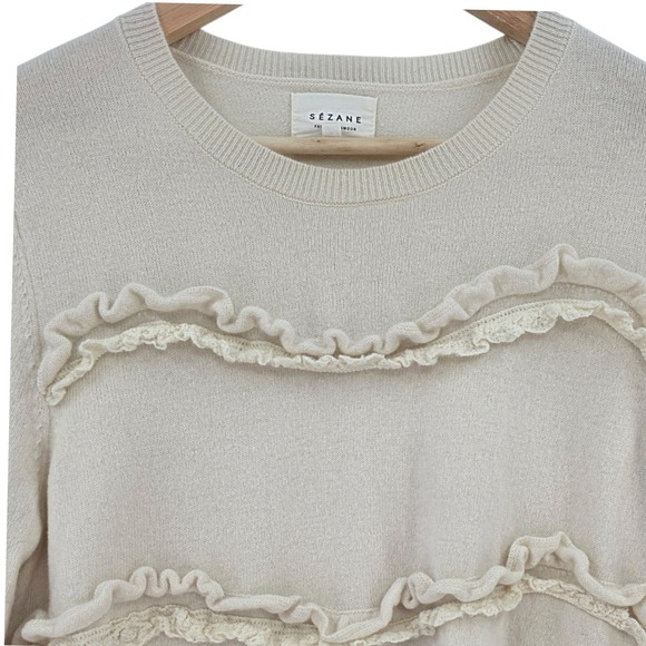 Sezane Womens L Andreas Wool Cashmere Ruffle Sweater in Ecru - Picture 3 of 13